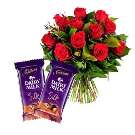 12 red roses and dairy milk silk