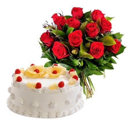 12 red roses and eggless cake