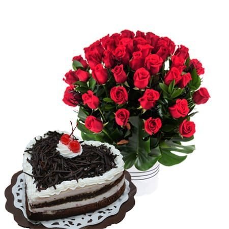 50 Red Roses and Heart Shaped Cake